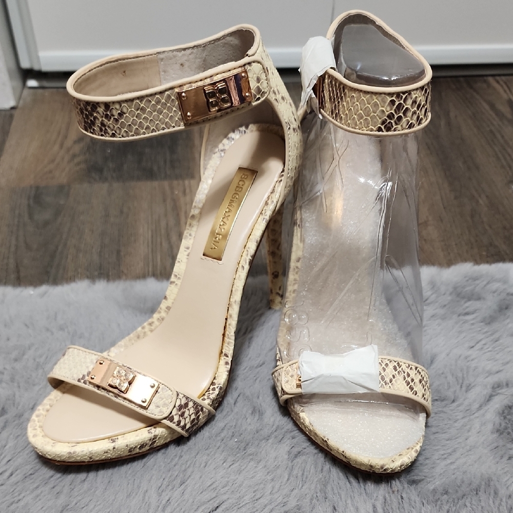 BCBGMaxAzria Entreat Python Snakeskin Buckle Heel Sandal